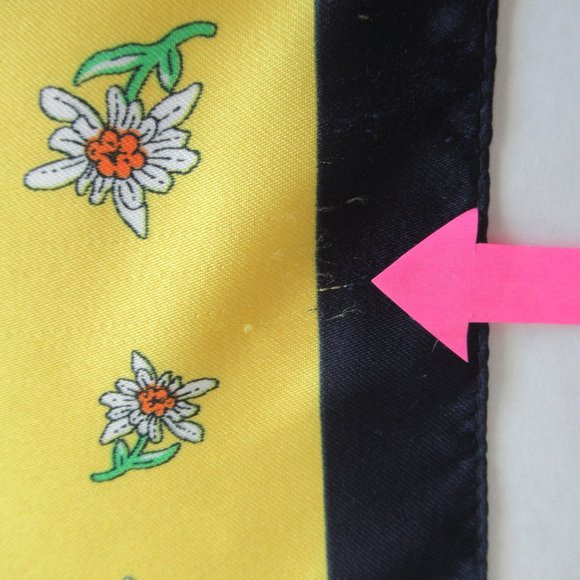 Vintage Italian Soft Silk Square Scarf Floral Yellow, Navy 22" x 22" *Flaw - Picture 10 of 10